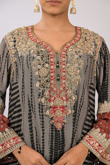 Charcoal Garnet Embroidered Kurta Set