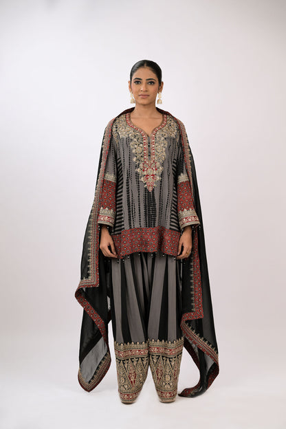 Charcoal Garnet Embroidered Kurta Set