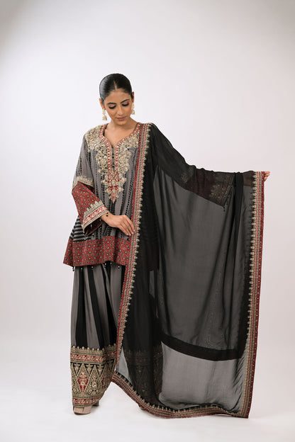 Charcoal Garnet Embroidered Kurta Set