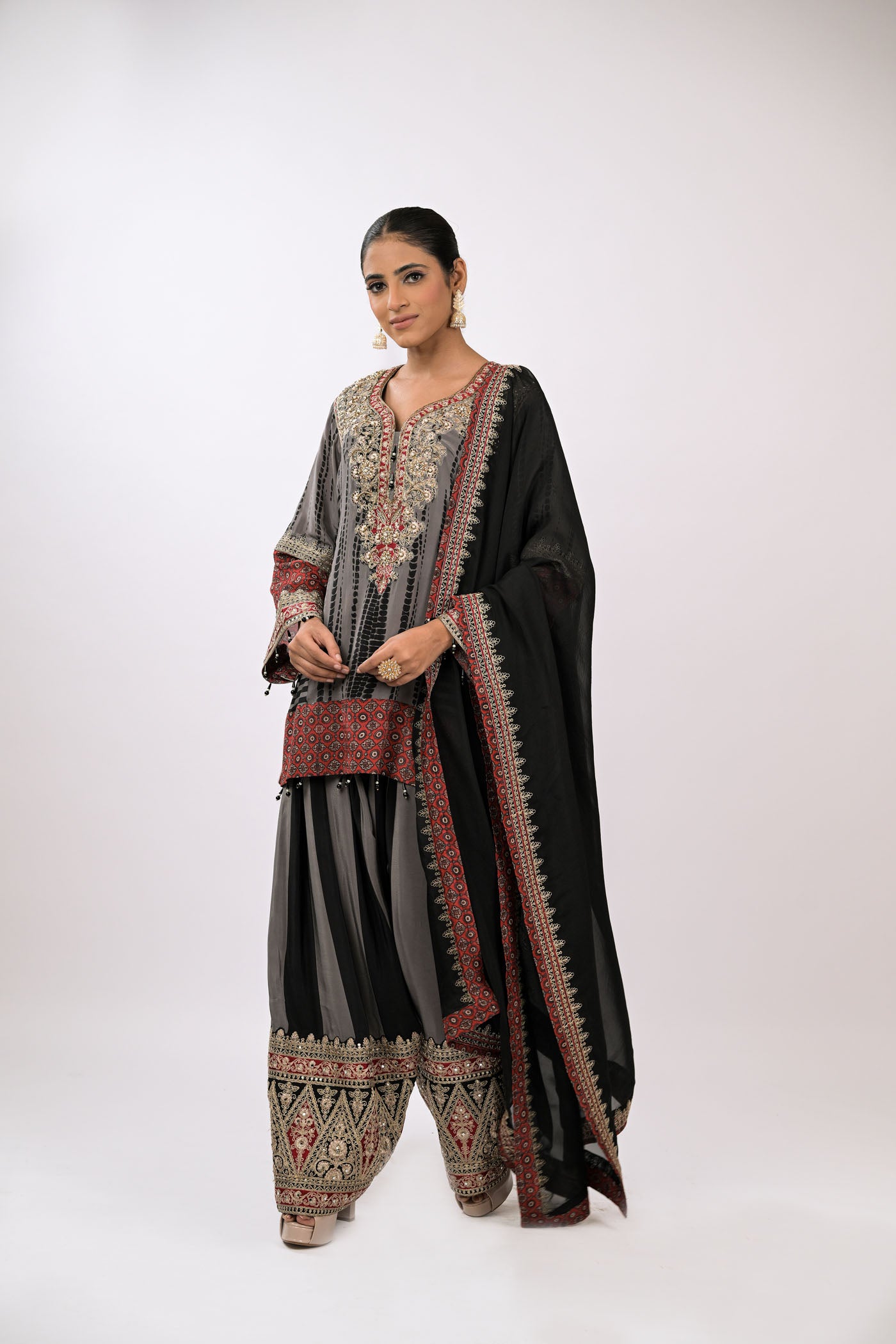 Charcoal Garnet Embroidered Kurta Set
