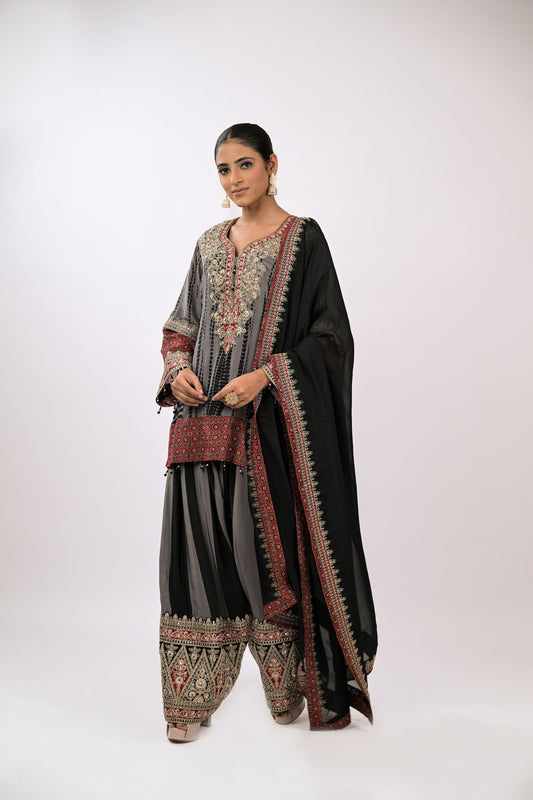 Charcoal Garnet Embroidered Kurta Set