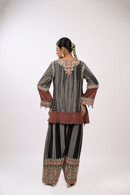 Charcoal Garnet Embroidered Kurta Set