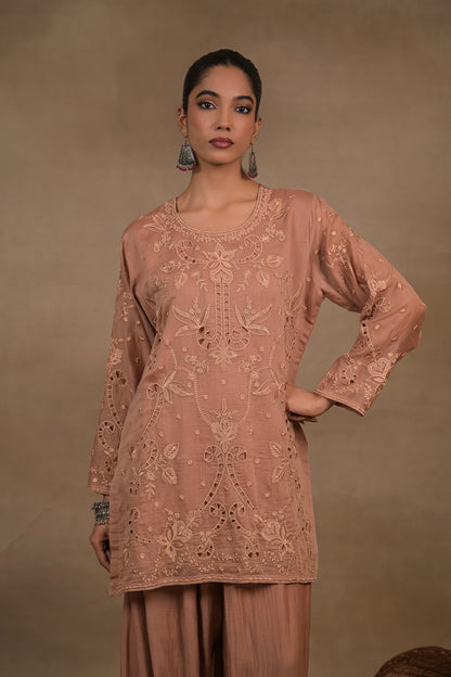 Dusty Rose Embroidered Mul Kurta Set