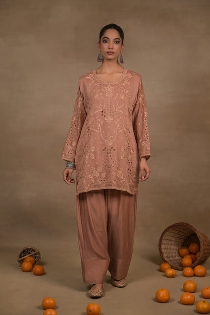 Dusty Rose Embroidered Mul Kurta Set