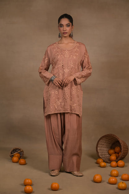 Dusty Rose Embroidered Mul Kurta Set
