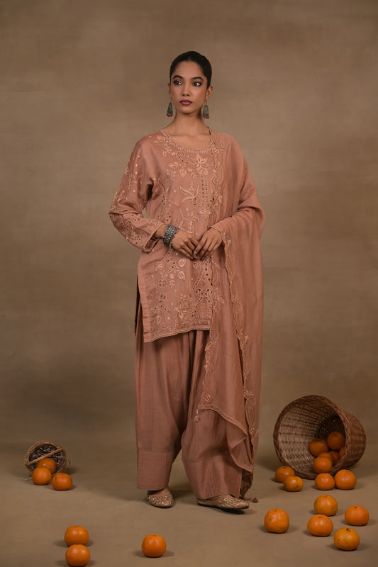 Dusty Rose Embroidered Mul Kurta Set