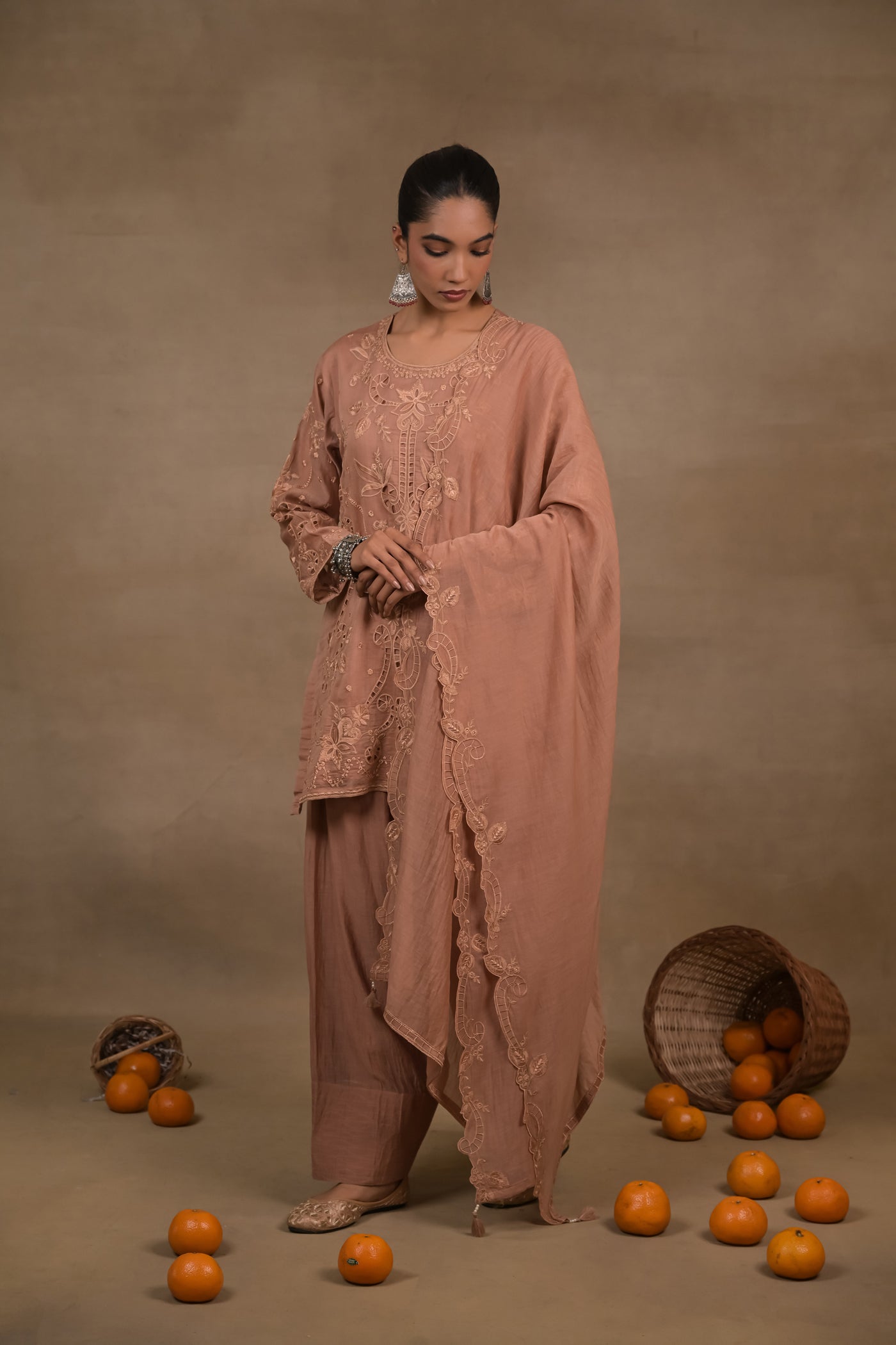 Dusty Rose Embroidered Mul Kurta Set