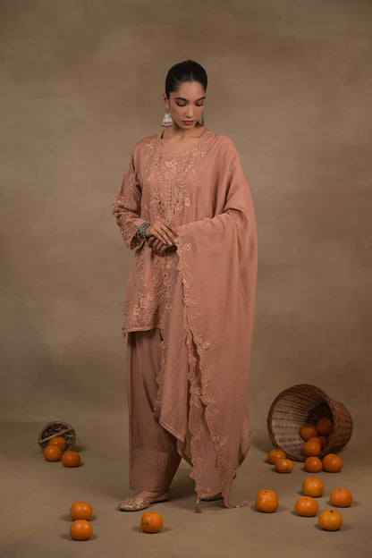 Dusty Rose Embroidered Mul Kurta Set