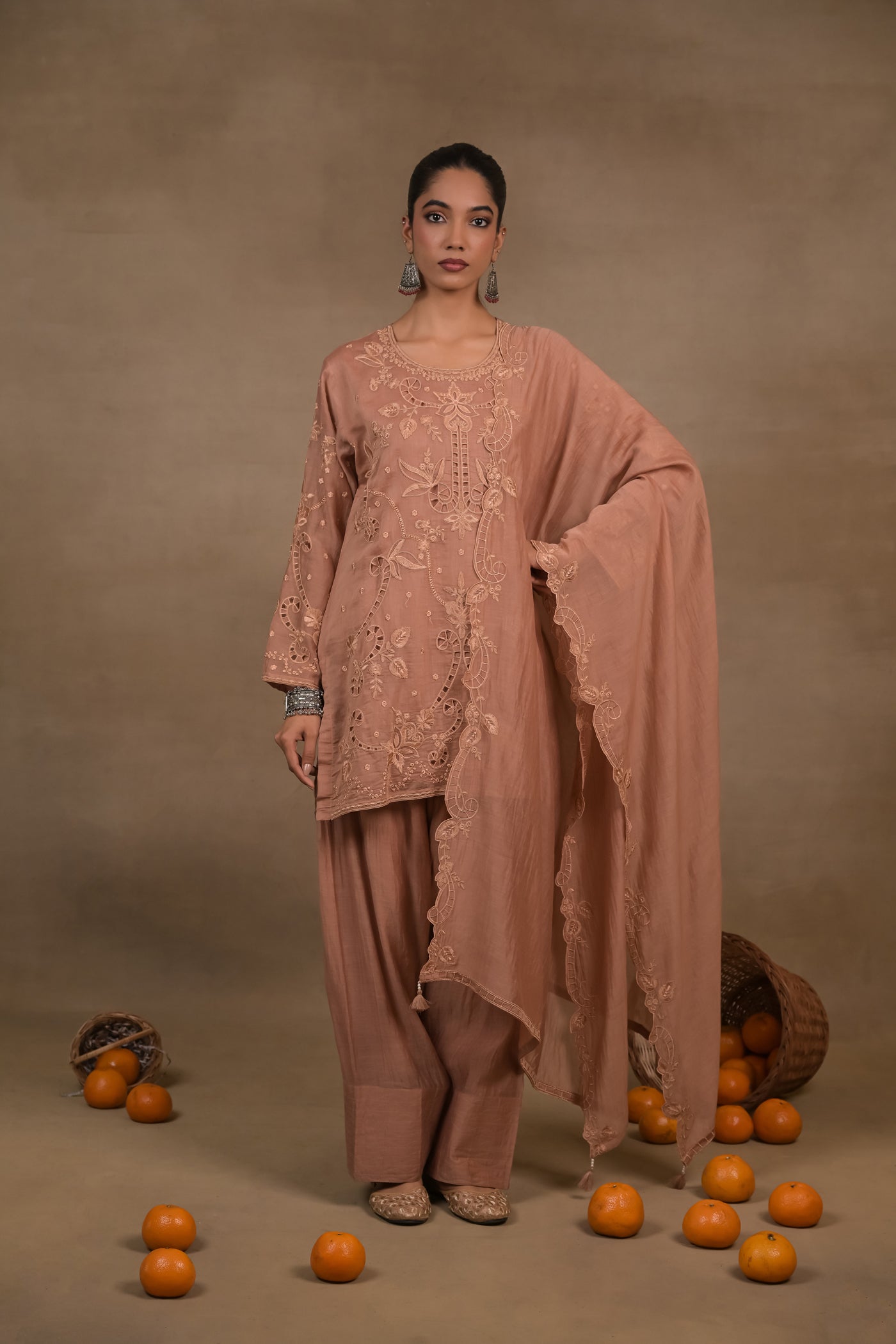 Dusty Rose Embroidered Mul Kurta Set