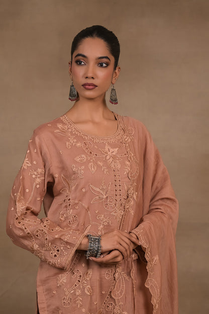 Dusty Rose Embroidered Mul Kurta Set