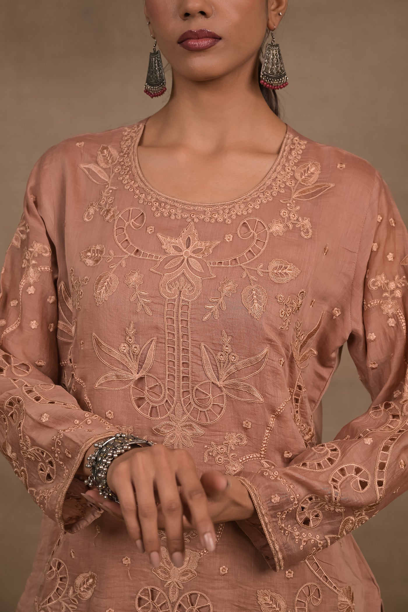 Dusty Rose Embroidered Mul Kurta Set