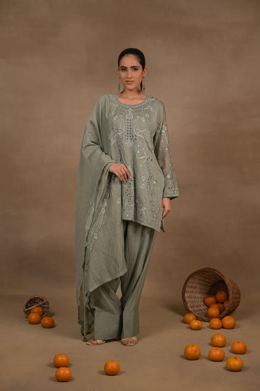 Sage Green Embroidered Mul Kurta Set