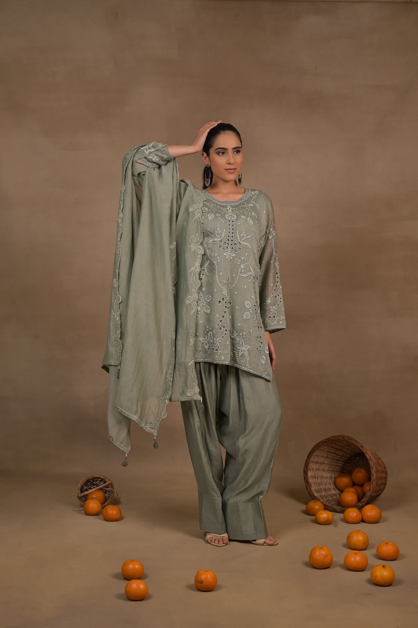 Sage Green Embroidered Mul Kurta Set