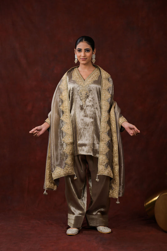 Antique Gold Embroidered Kurta Set with Dupatta