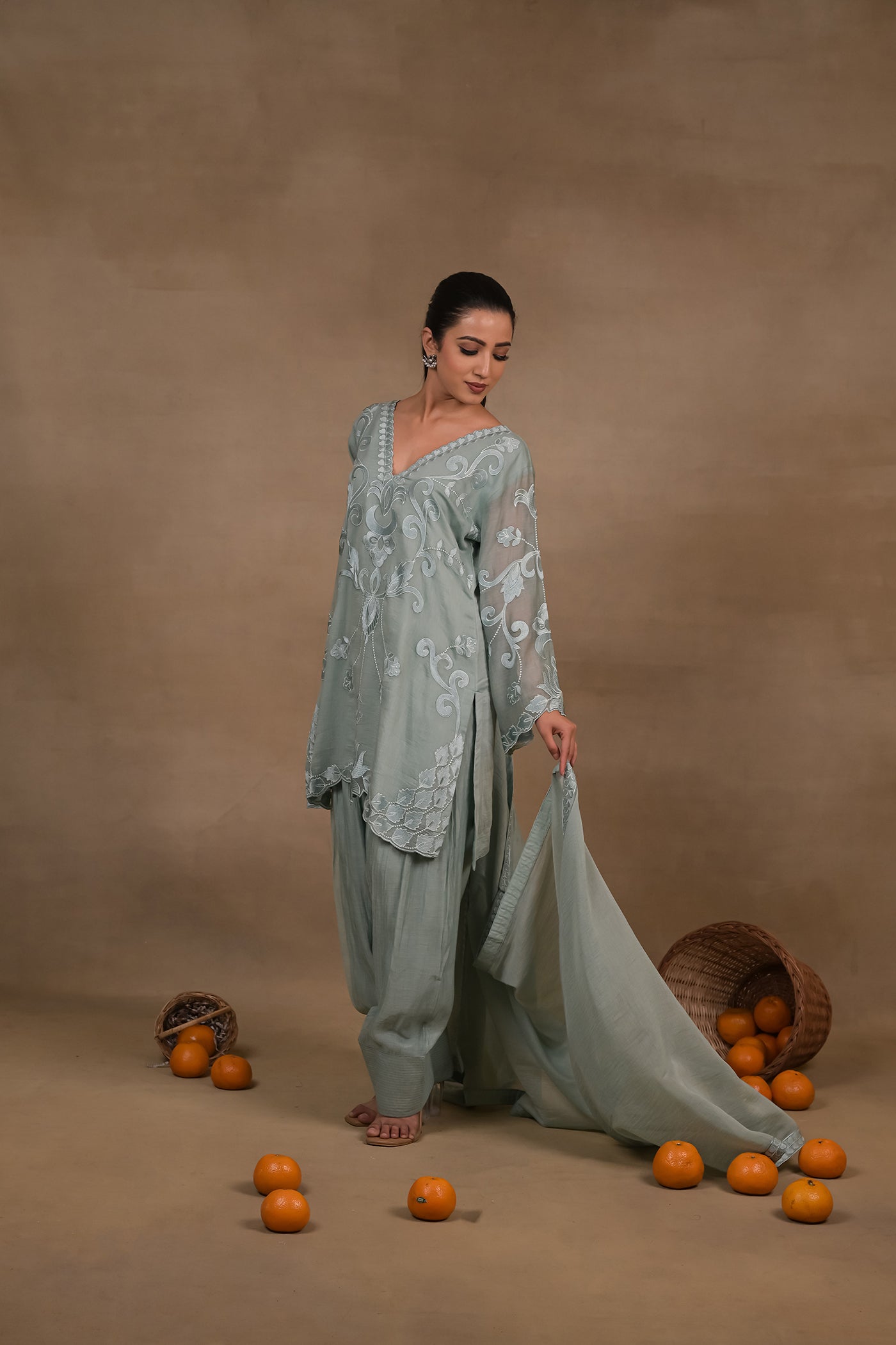 Sage Green Embroidered Mul Kurta Set with Dupatta