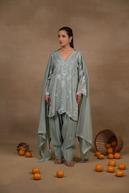 Sage Green Embroidered Mul Kurta Set with Dupatta