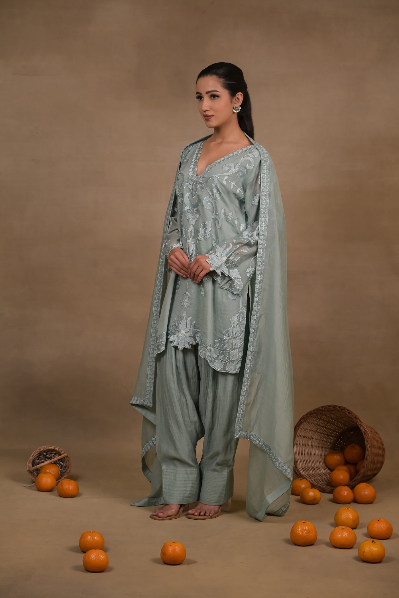 Sage Green Embroidered Mul Kurta Set with Dupatta