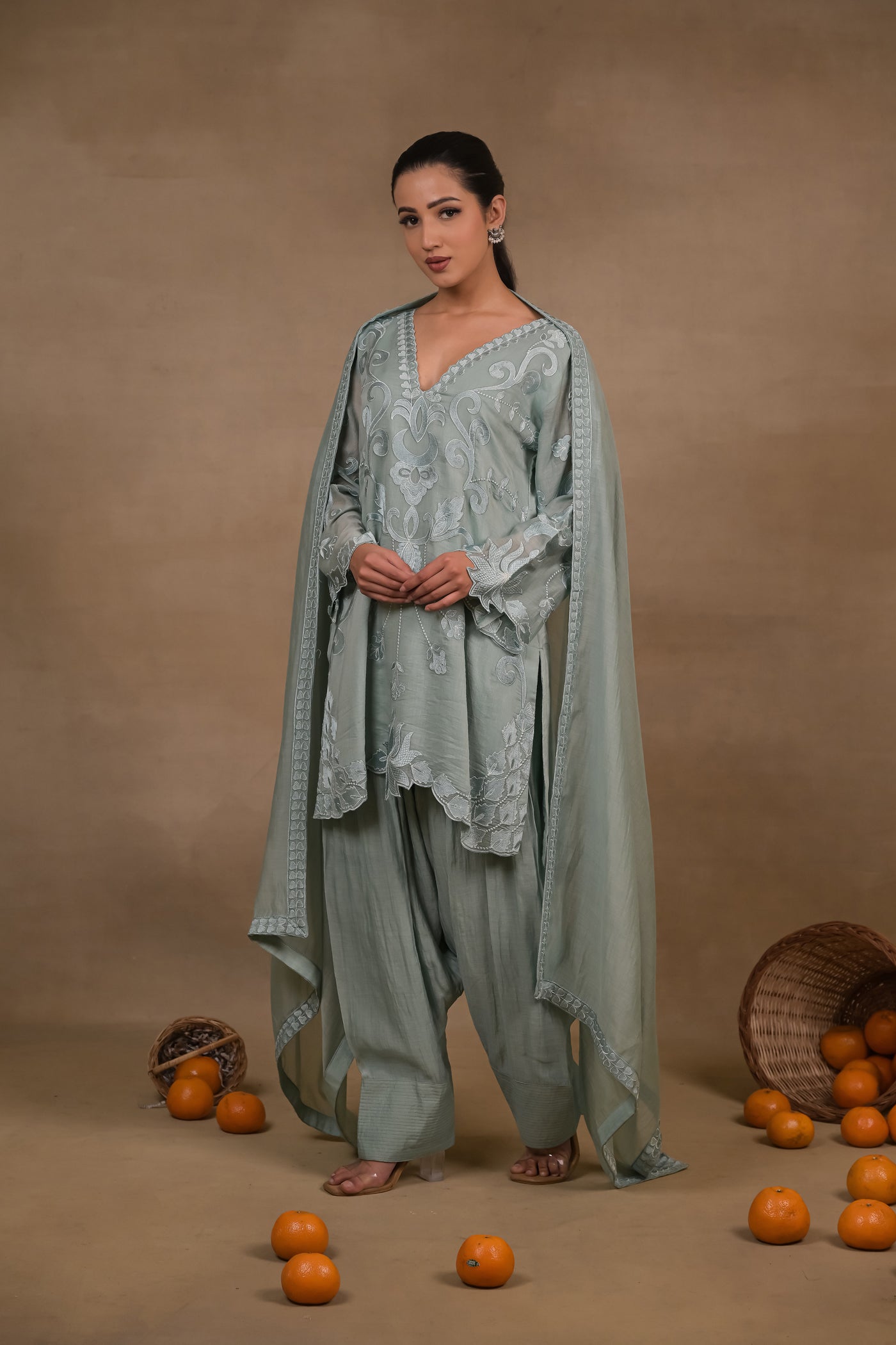 Sage Green Embroidered Mul Kurta Set with Dupatta