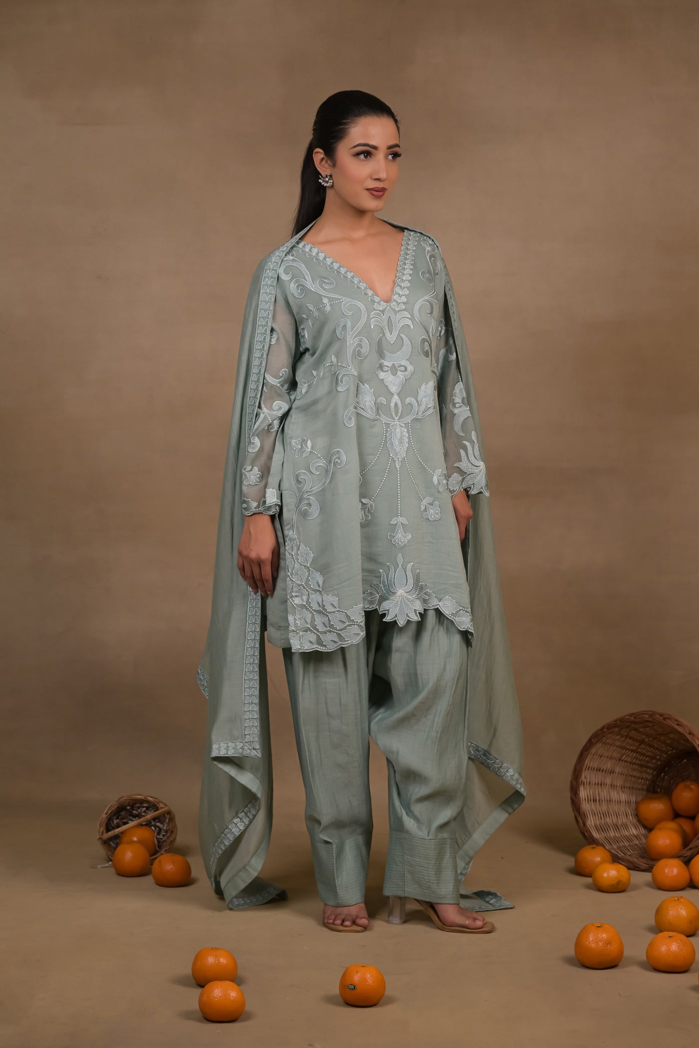 Sage Green Embroidered Mul Kurta Set with Dupatta
