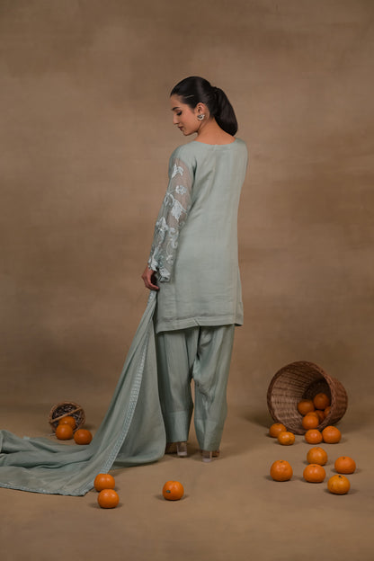 Sage Green Embroidered Mul Kurta Set with Dupatta