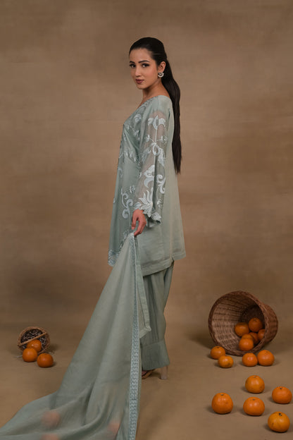 Sage Green Embroidered Mul Kurta Set with Dupatta