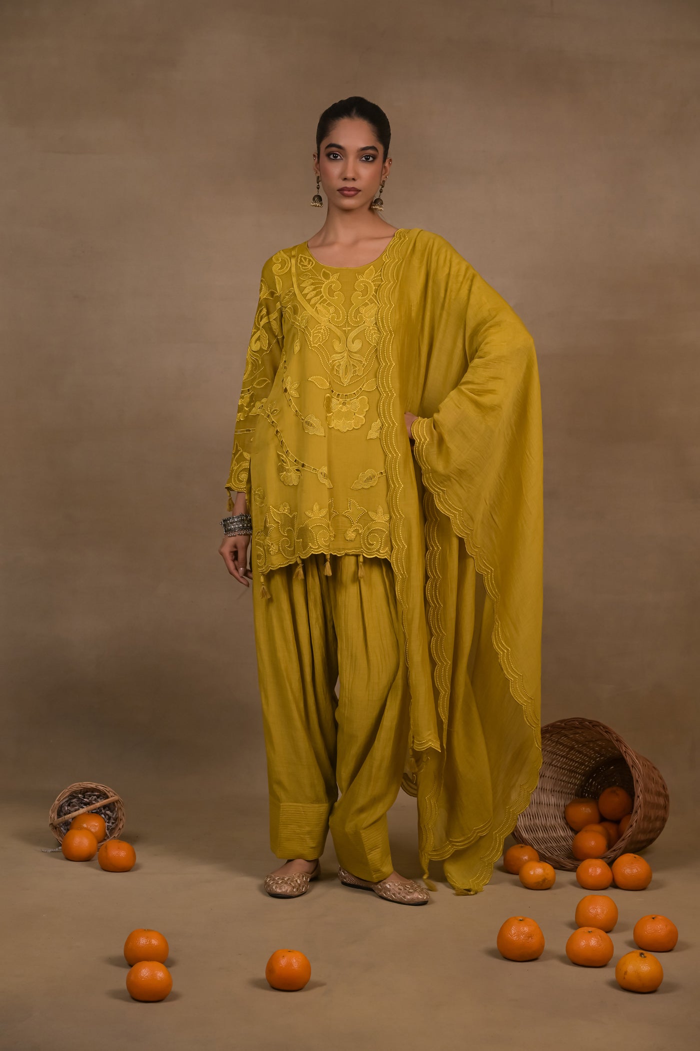 Dusky Mustard Embroidered Mul Co-Ord Set with Dupatta