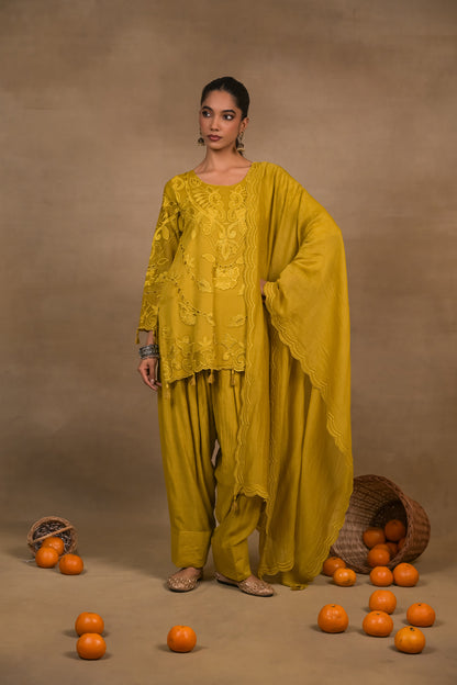 Dusky Mustard Embroidered Mul Co-Ord Set with Dupatta