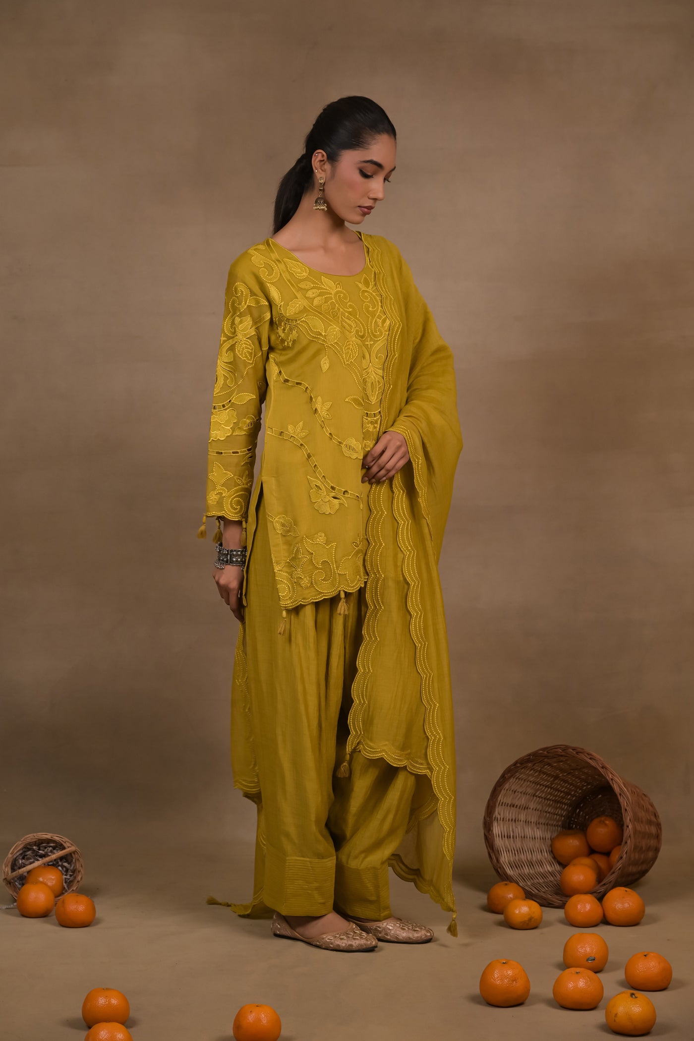 Dusky Mustard Embroidered Mul Co-Ord Set with Dupatta