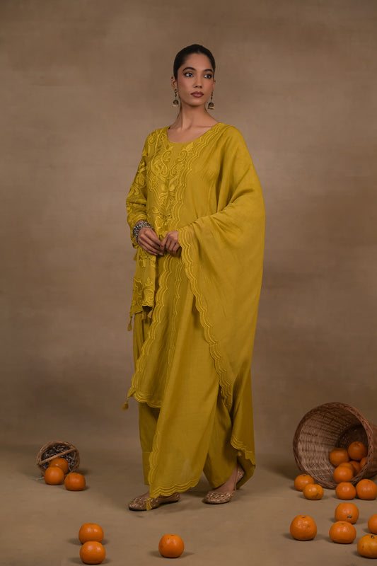 Dusky Mustard Embroidered Mul Co-Ord Set with Dupatta