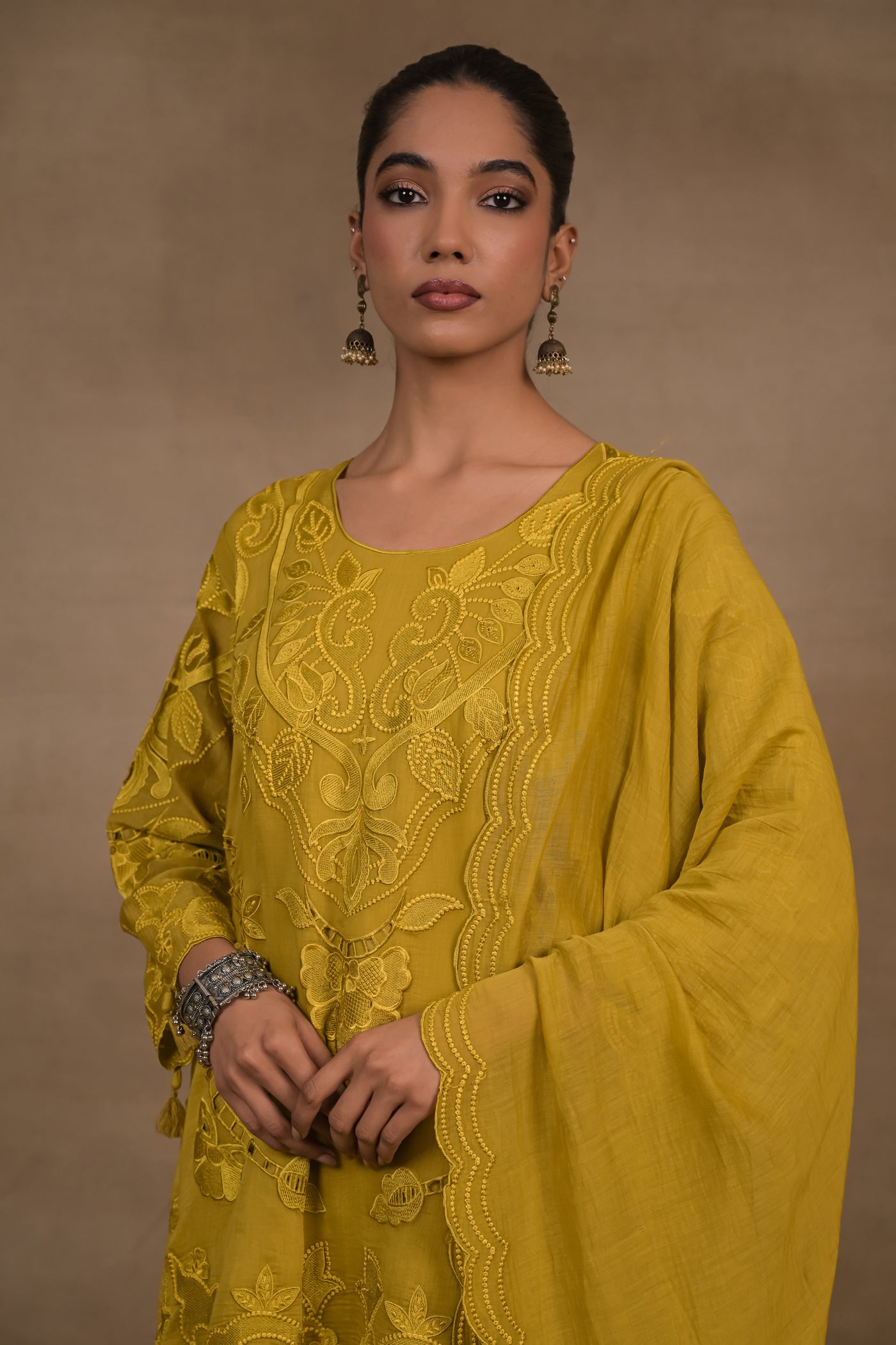 Dusky Mustard Embroidered Mul Co-Ord Set with Dupatta