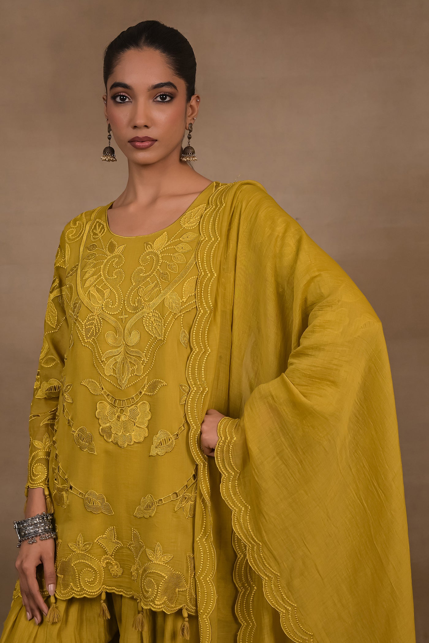Dusky Mustard Embroidered Mul Co-Ord Set with Dupatta