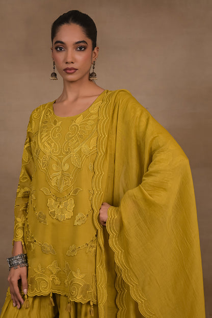Dusky Mustard Embroidered Mul Co-Ord Set with Dupatta