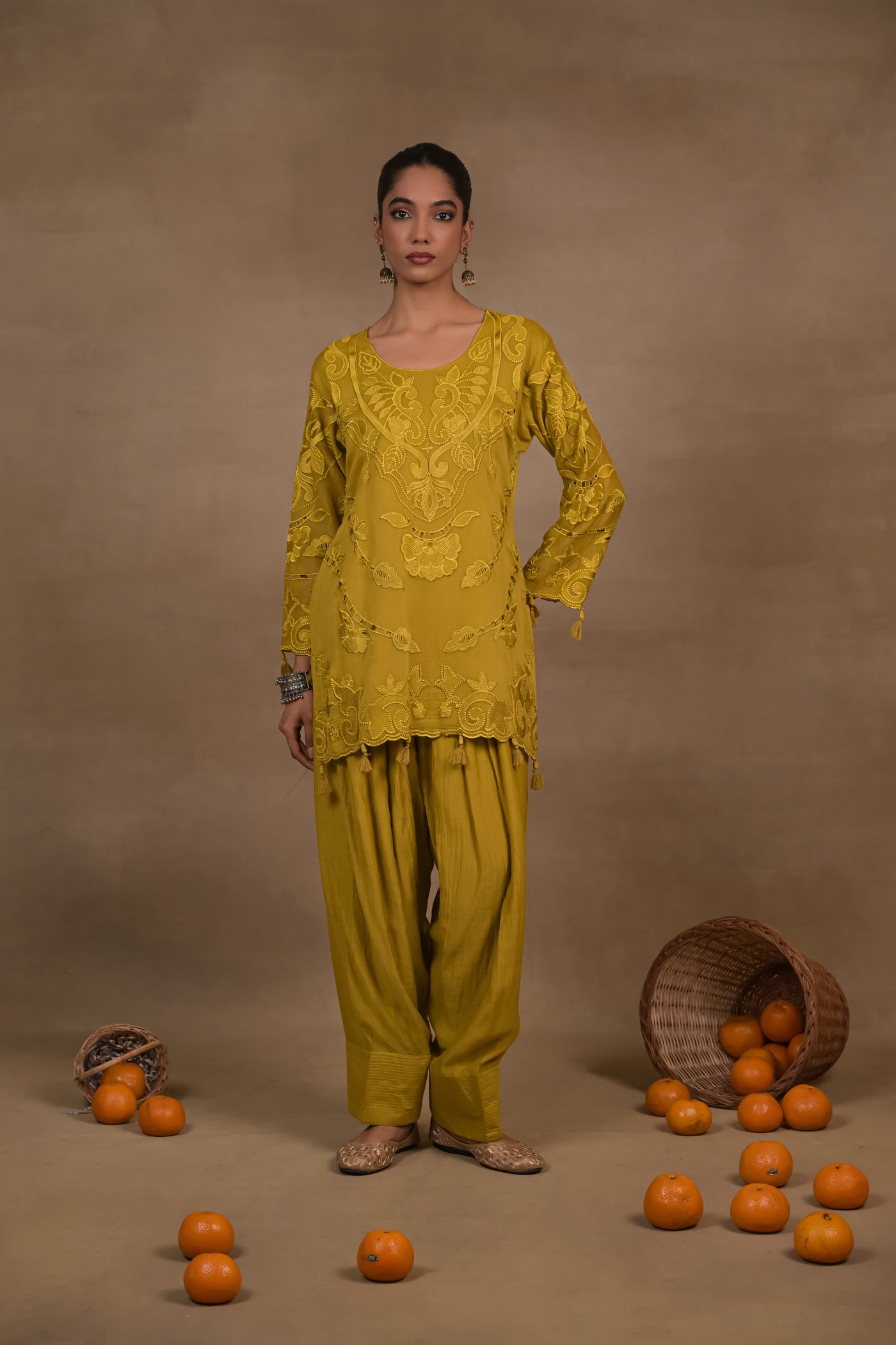 Dusky Mustard Embroidered Mul Co-Ord Set with Dupatta