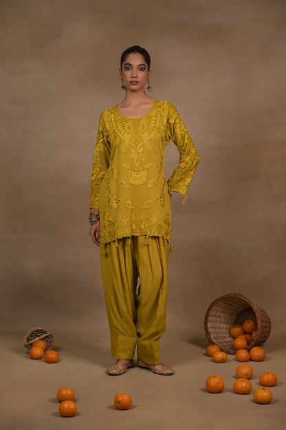 Dusky Mustard Embroidered Mul Co-Ord Set with Dupatta