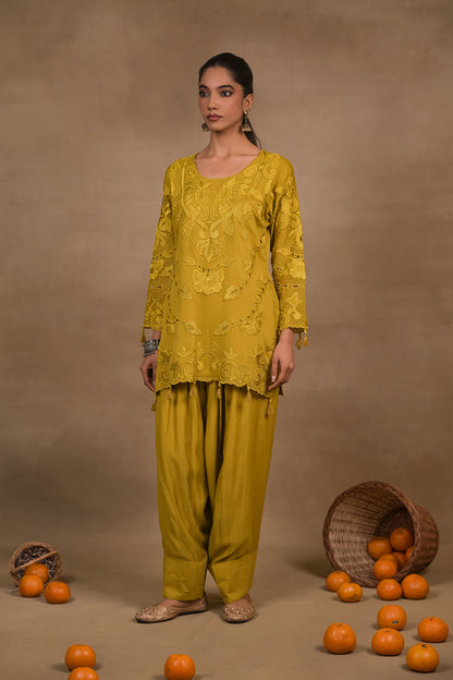 Dusky Mustard Embroidered Mul Co-Ord Set with Dupatta