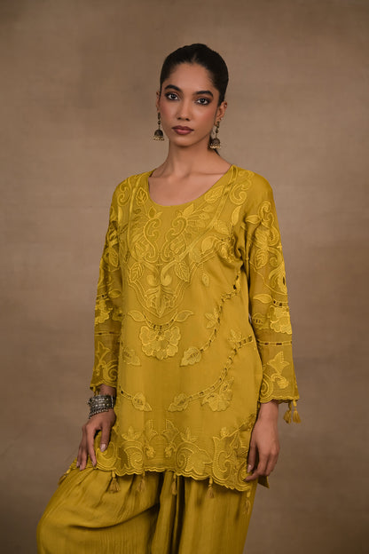 Dusky Mustard Embroidered Mul Co-Ord Set with Dupatta