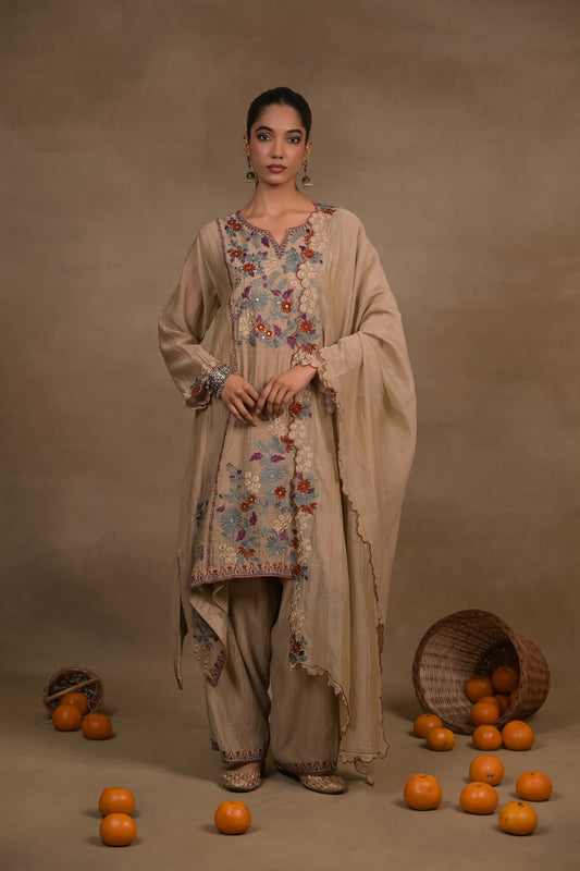 Noor Beige Floral Mul Kurta Set
