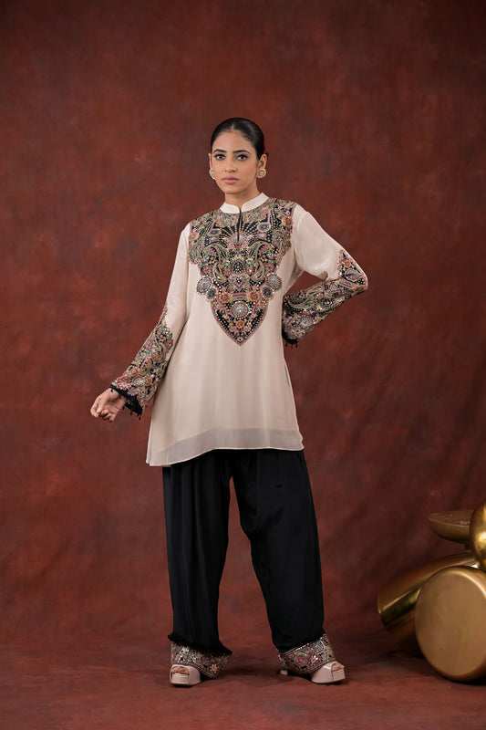 Ivory Noir Embroidered Short Kurta Set