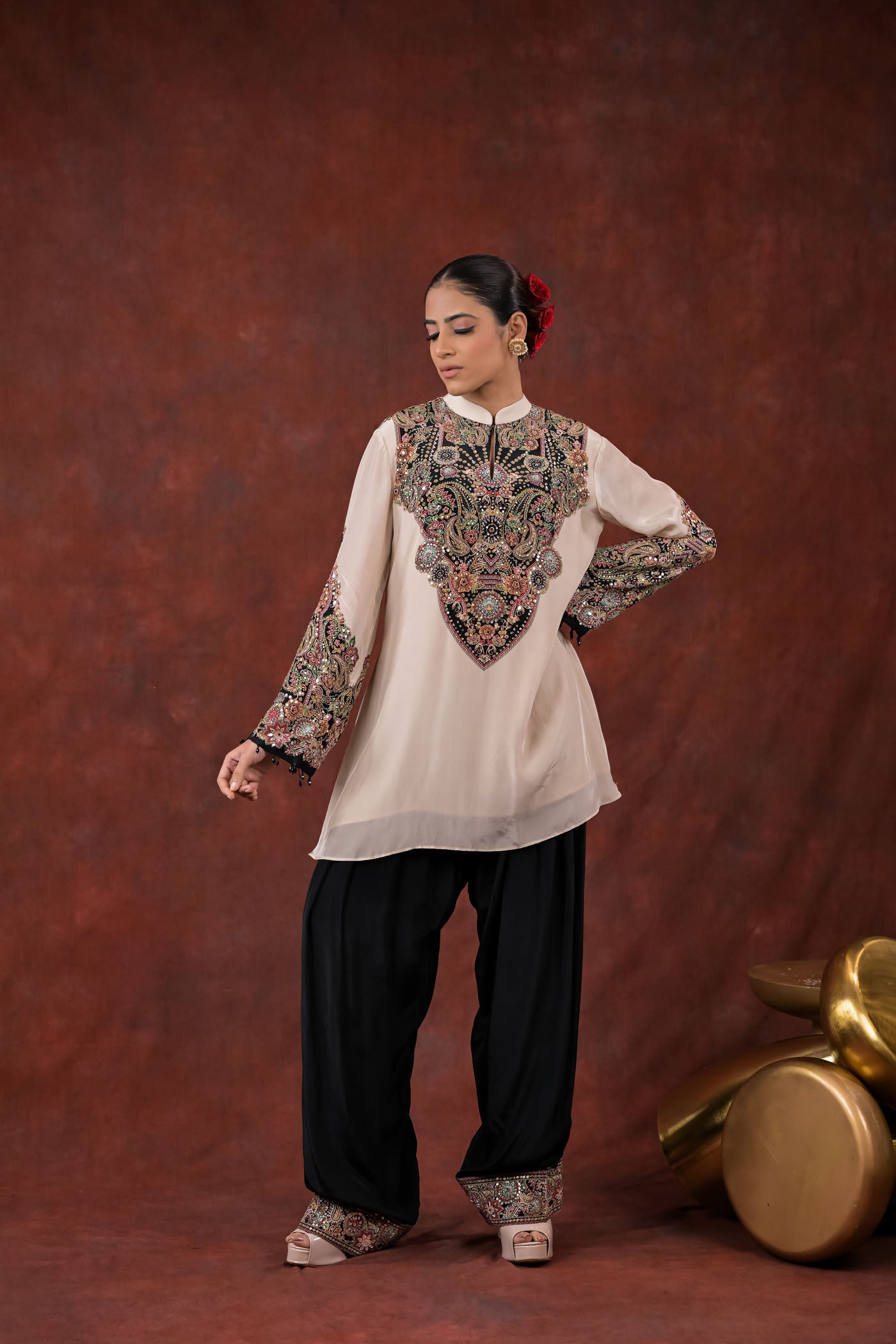 Ivory Noir Embroidered Short Kurta Set