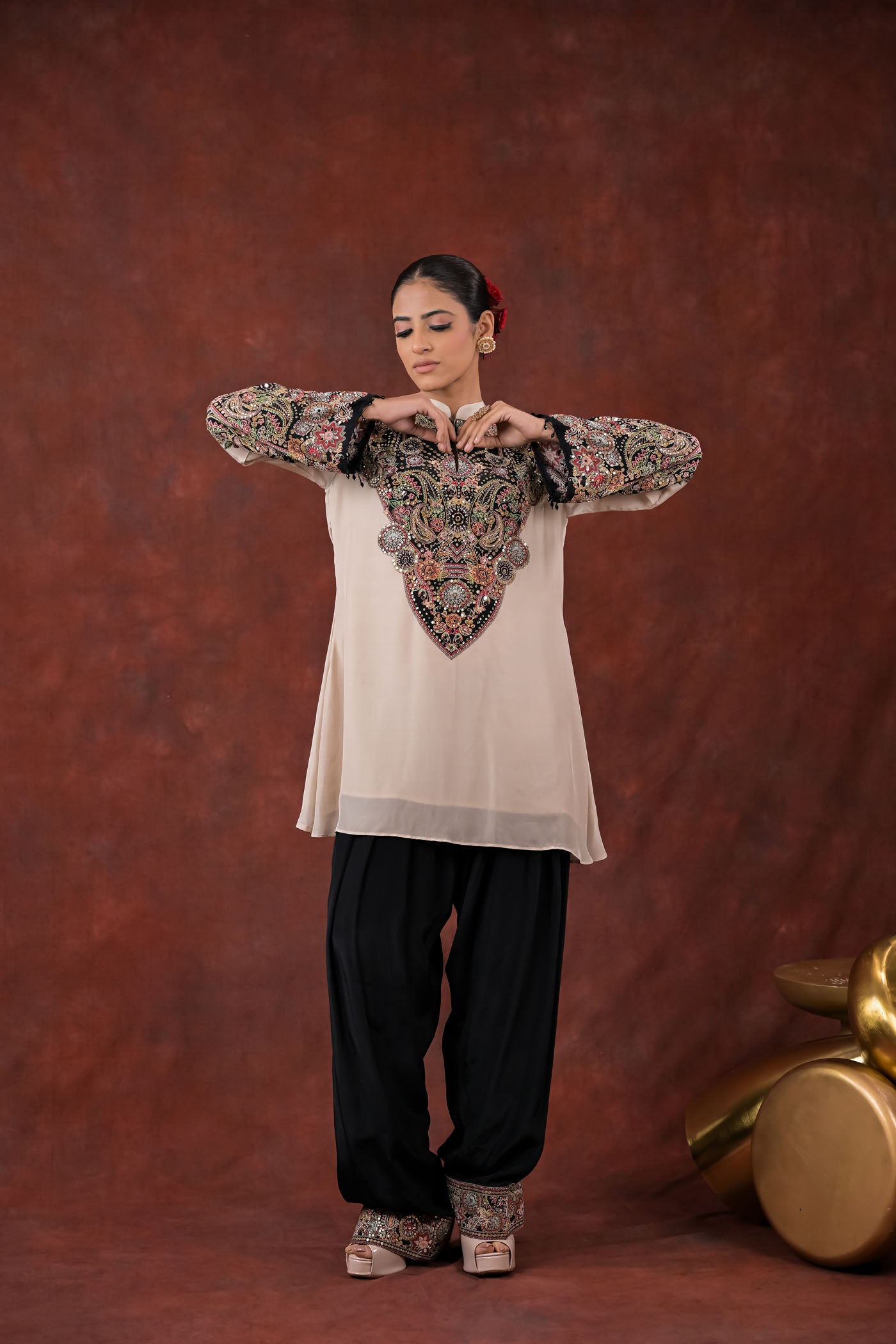 Ivory Noir Embroidered Short Kurta Set