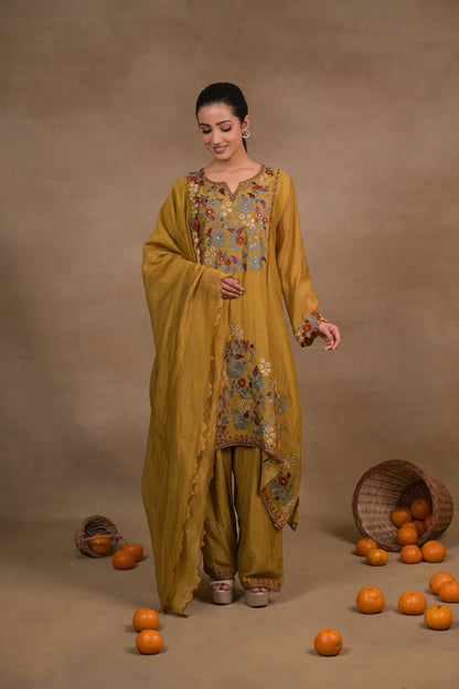 Mustard Floral Mul Kurta Set