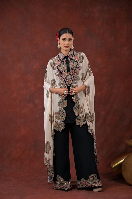 Noir Ivory Embroidered Cape Pant Set