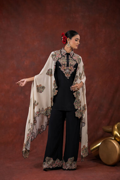 Noir Ivory Embroidered Cape Pant Set