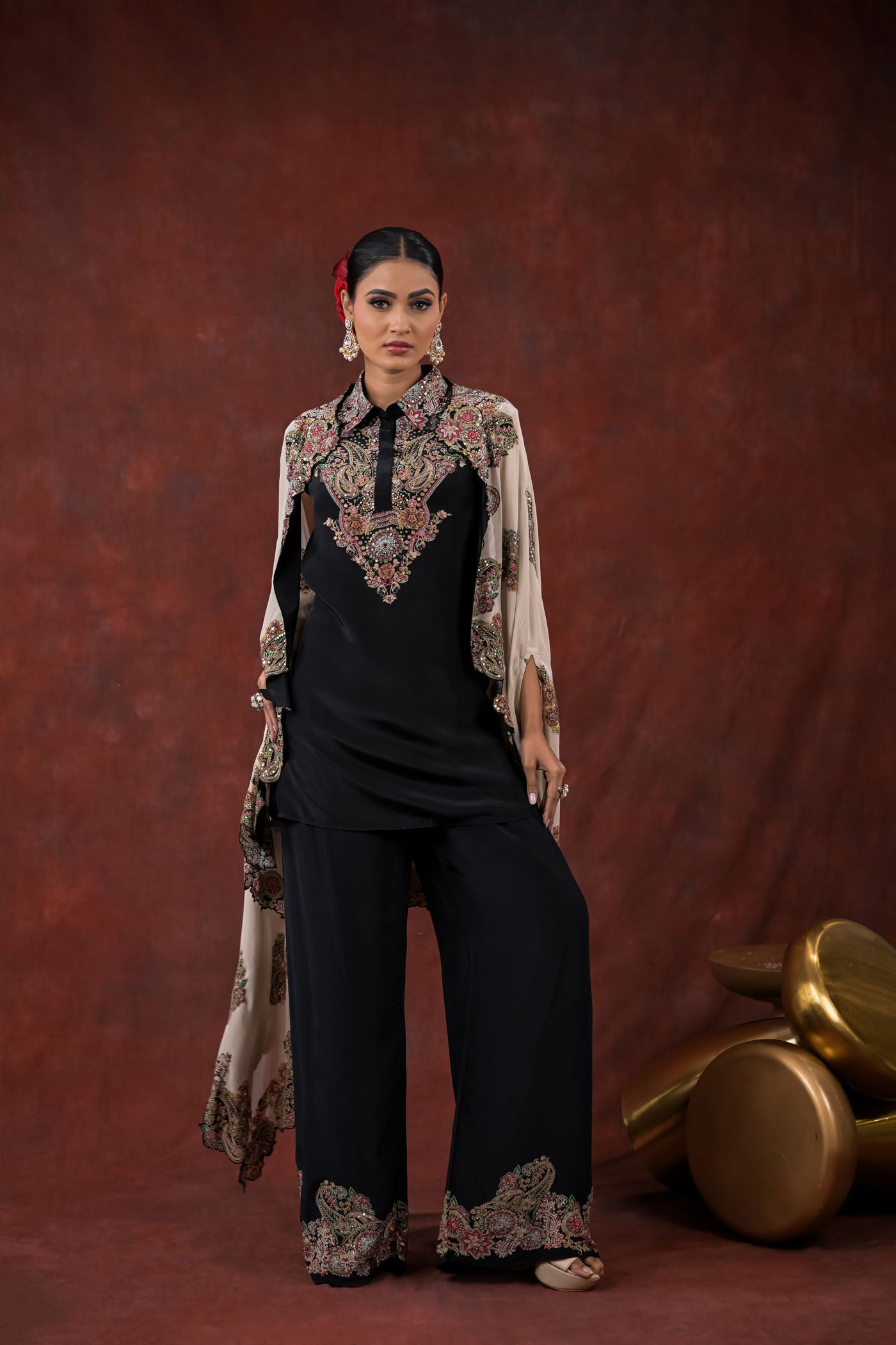 Noir Ivory Embroidered Cape Pant Set