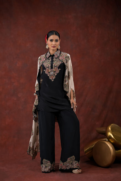 Noir Ivory Embroidered Cape Pant Set