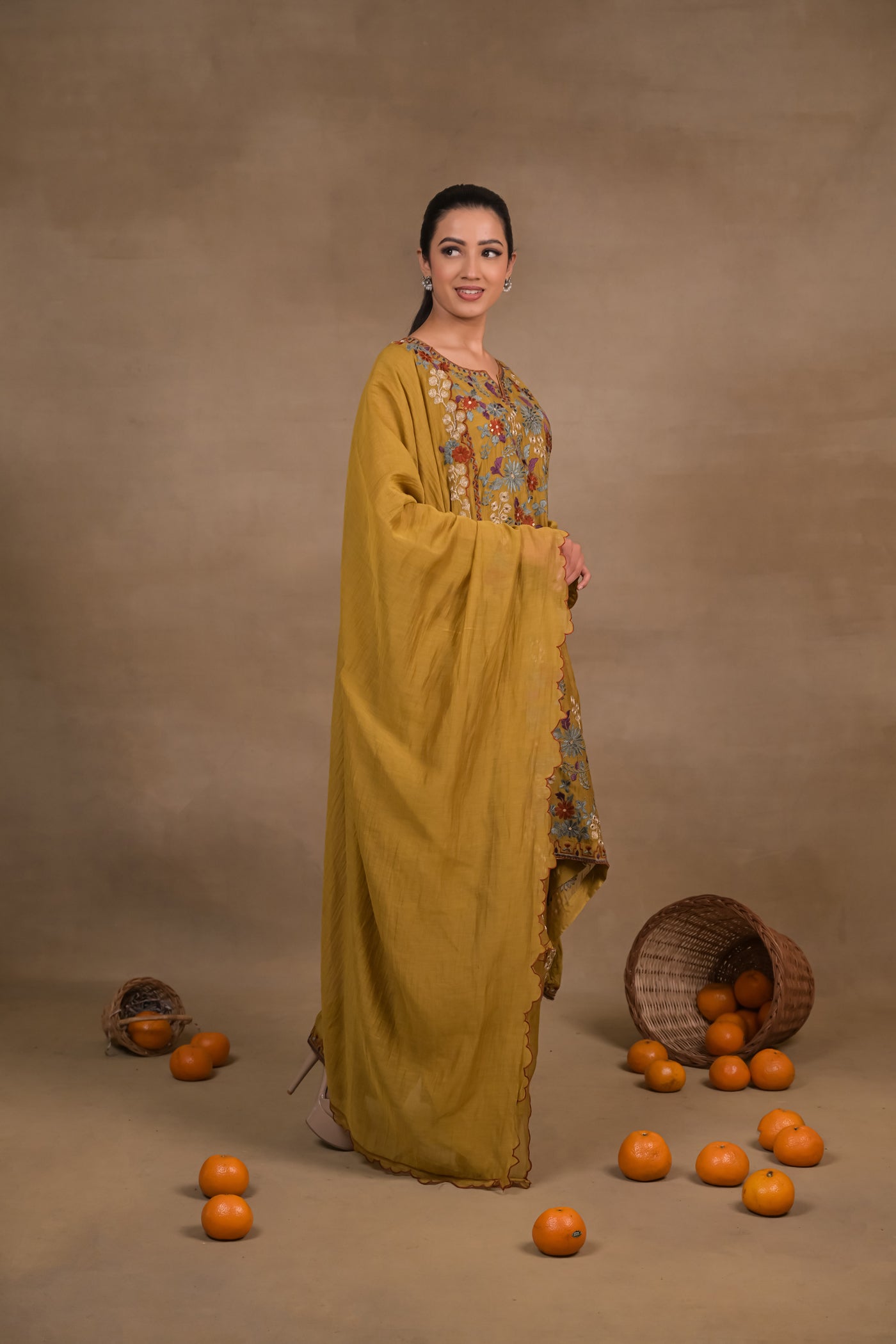 Mustard Floral Mul Kurta Set