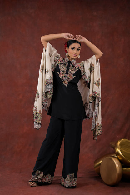 Noir Ivory Embroidered Cape Pant Set