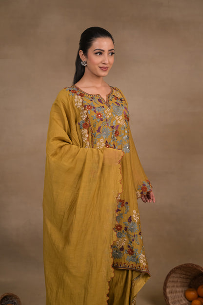 Mustard Floral Mul Kurta Set