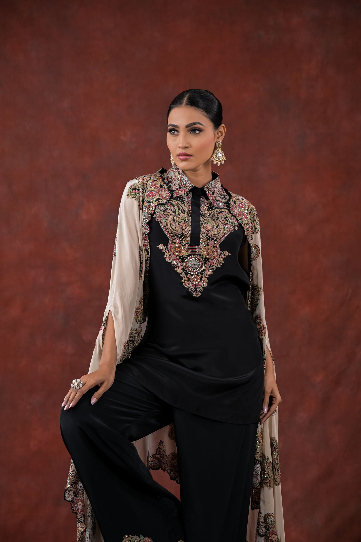 Noir Ivory Embroidered Cape Pant Set