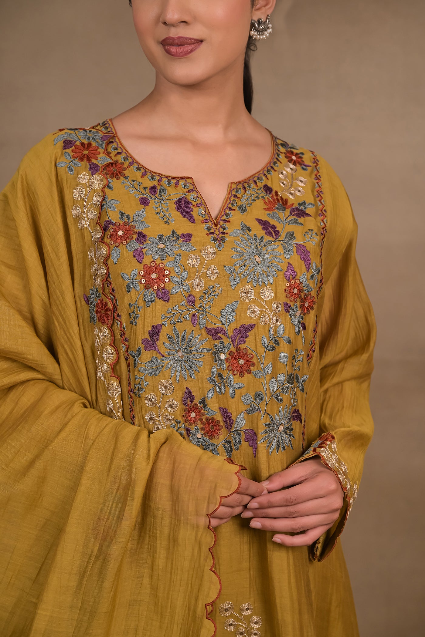 Mustard Floral Mul Kurta Set